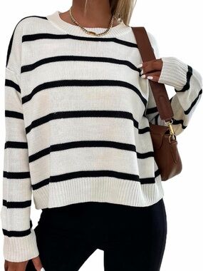 Relaxed Stripe Crewneck Sweater - White & Black